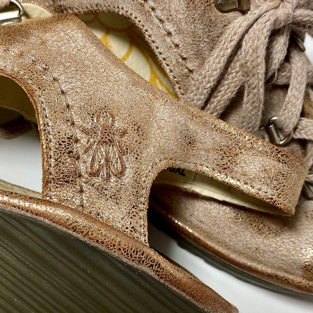 Fly London Cool  Metallic Gold Lace Up Wedge Sandal Sz 8-8.5/39